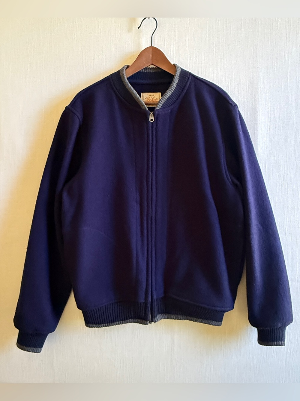 Dehen 1920 Portland Oregon All Wool Bomber Jacket Navy Blue Size L Talon Zipper